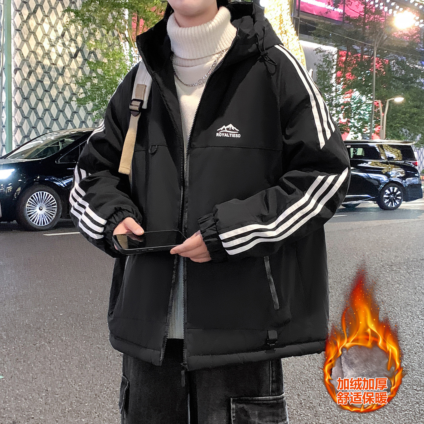 冬季男生加绒加厚工装外套帅气青少年大童保暖连帽冲锋衣防寒棉衣