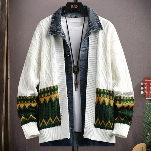 开衫外套男春秋季新款潮牌翻领牛仔夹克休闲针织衫假两件秋冬褂子
