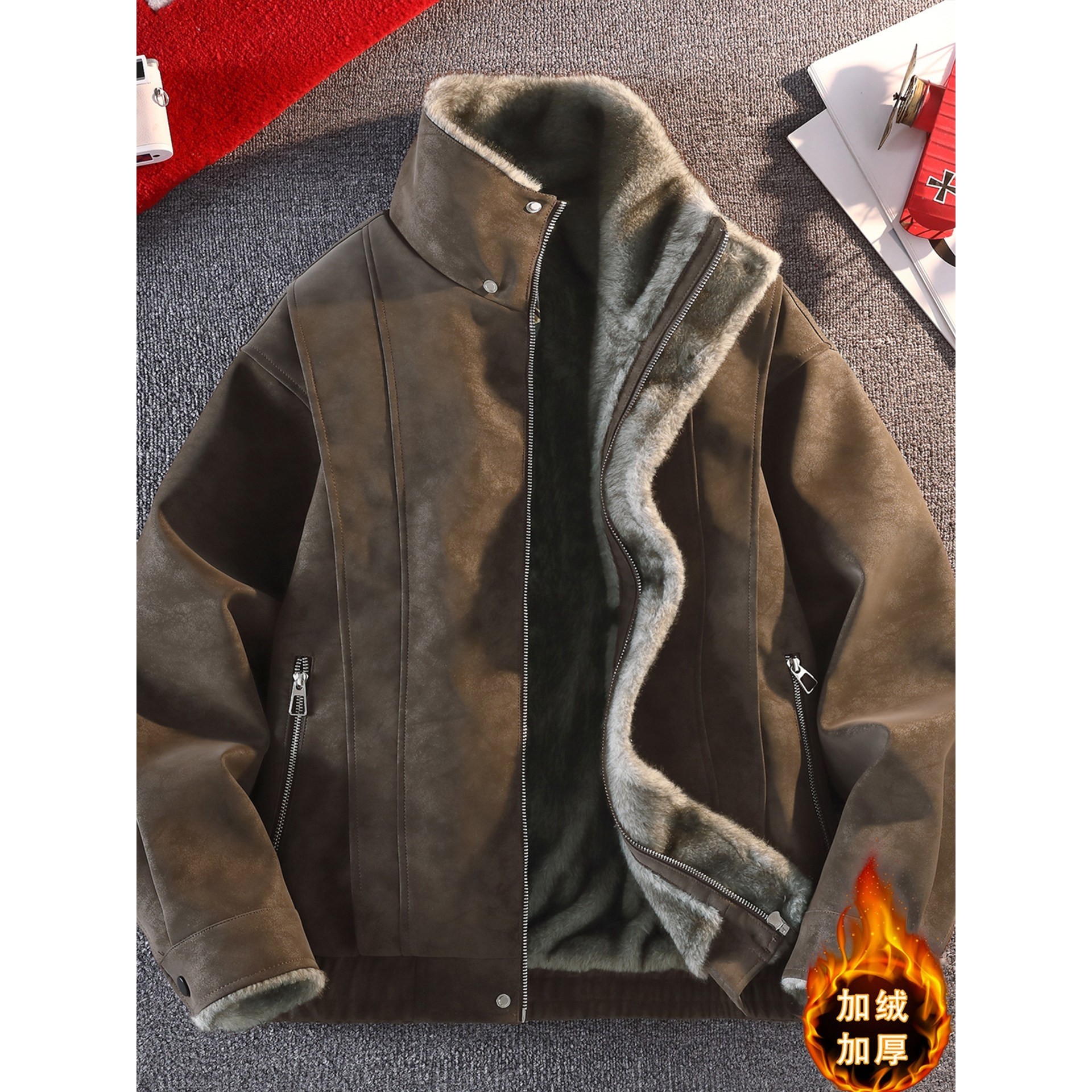 休闲风复古扎染皮毛一体皮衣男冬季加绒加厚翻领PU皮夹克保暖外套,户外/登山/野营/旅行用品,作训外套/套装/野战套装,淘宝优惠券,粉丝福利购,淘宝优惠卷