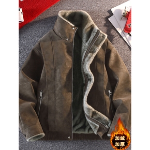 休闲风复古扎染皮毛一体皮衣男冬季加绒加厚翻领PU皮夹克保暖外套