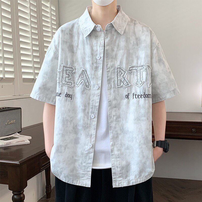 渐变短袖衬衫男士帅气刺绣2026新款青少年学生夏季纯棉牛仔衬衣服