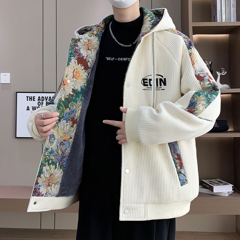 新中式国风连帽外套男秋冬季加绒加厚灯芯绒夹克男宽松帅气上衣服