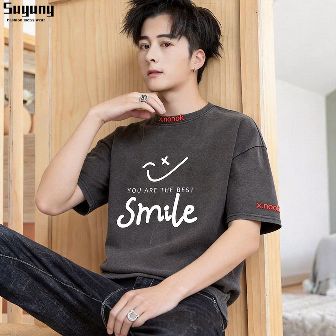 夏季2026新款韩版落肩宽松圆领短袖T恤男学生印花重磅上衣服夏装