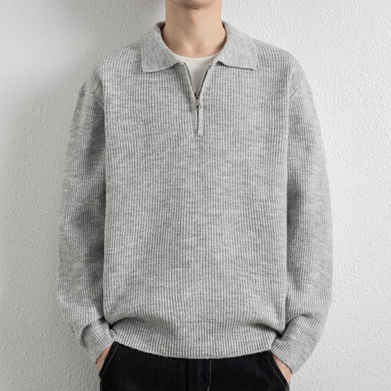 半拉链polo领毛衣男款秋冬季高级感潮牌纯色简约慵懒风翻领针织衫