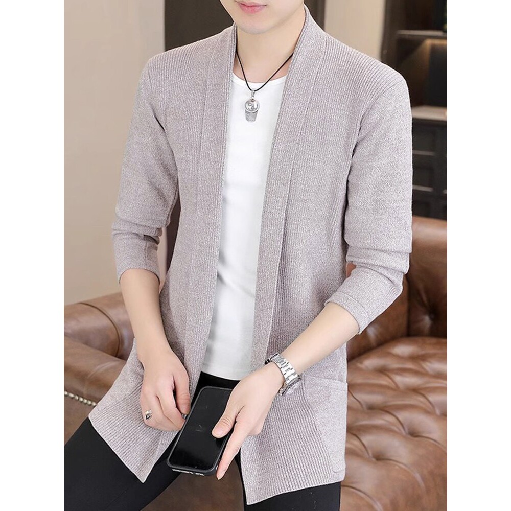 毛衣开衫男士春秋季潮流中长款外搭针织衫外套潮牌灰色休闲上衣服