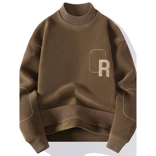 摇粒绒卫衣男春秋季加绒半高领打底衫男款上衣双面绒冬季休闲衣服