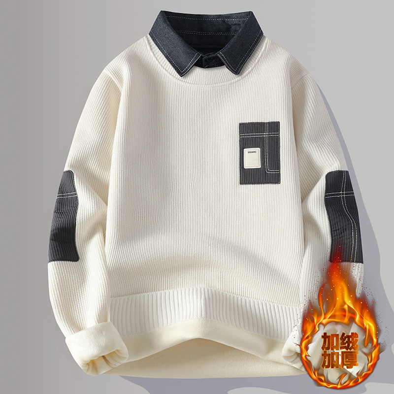 秋冬青少年学院风假两件一体绒卫衣男大童保暖衬衫翻领学生打底衫