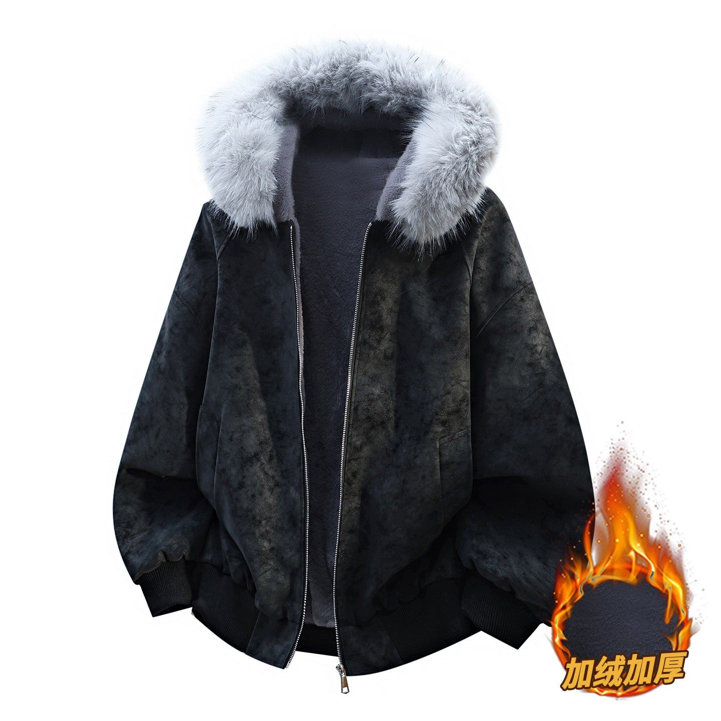 冬季外套男加绒加厚2025新款皮毛一体夹克男连帽座山雕毛领派克服