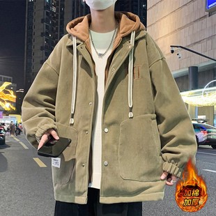 灯芯绒外套男秋冬季 衣服青少年夹克男 加厚连帽假两件褂子加棉冬装