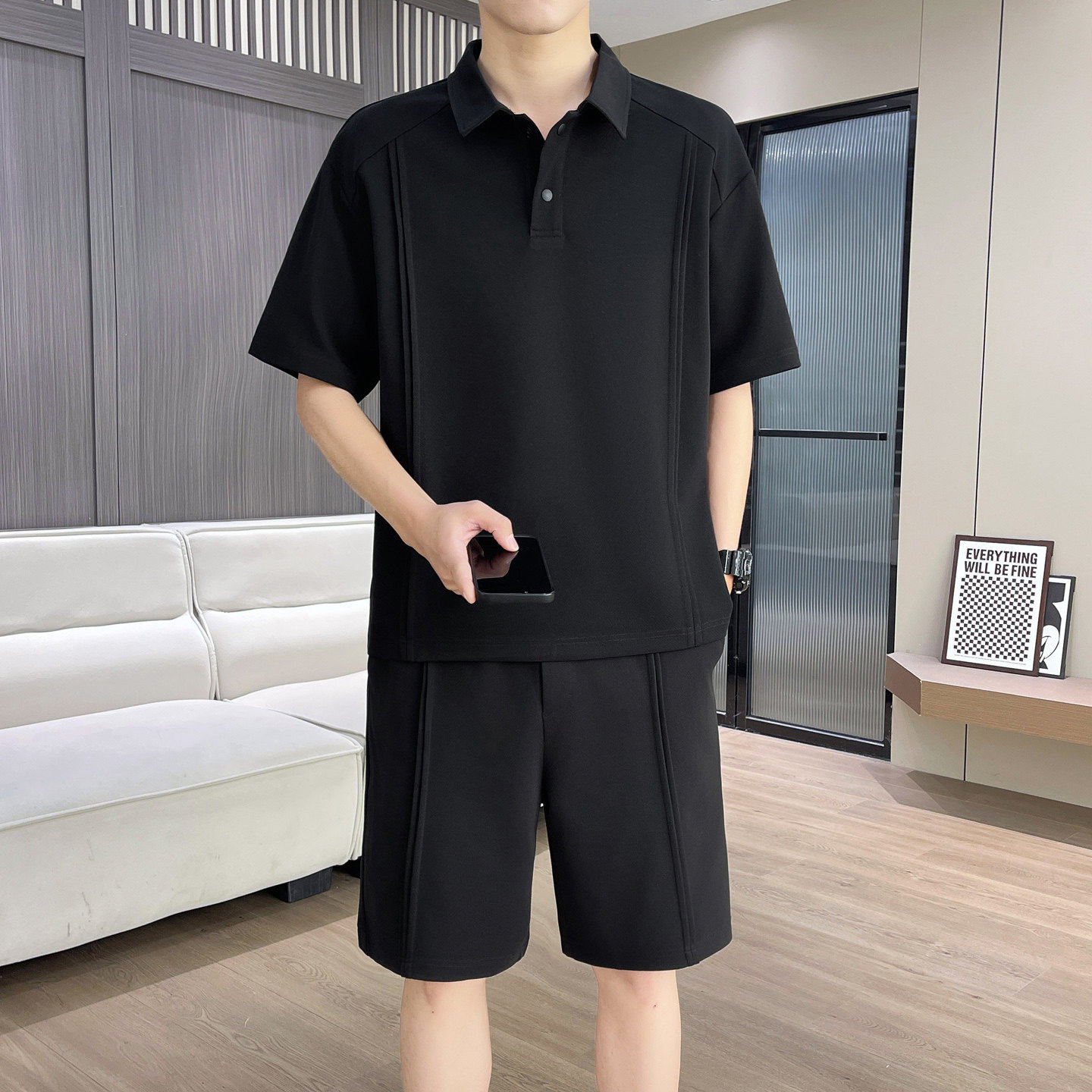 重磅高端POLO衫套装男夏季设计感宽松运动翻领短袖短裤搭配五分裤