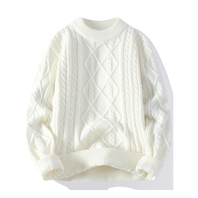 白色圆领毛衣男秋冬季新款潮流绞花纹毛衫男士半高领加厚针织衫潮