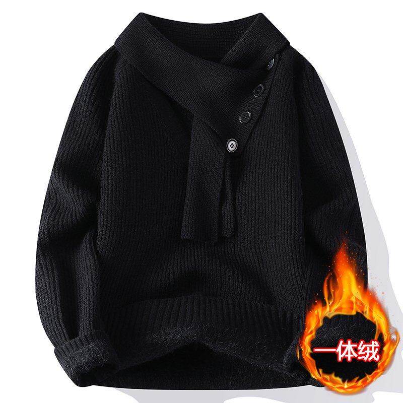 冬季潮牌百搭青年宽松纯色围巾领套头毛衣男士休闲加绒加厚上衣服