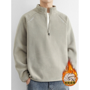 双面奥粒绒半拉链卫衣男冬季加厚保暖加绒半高领抓绒衣内搭打底衫