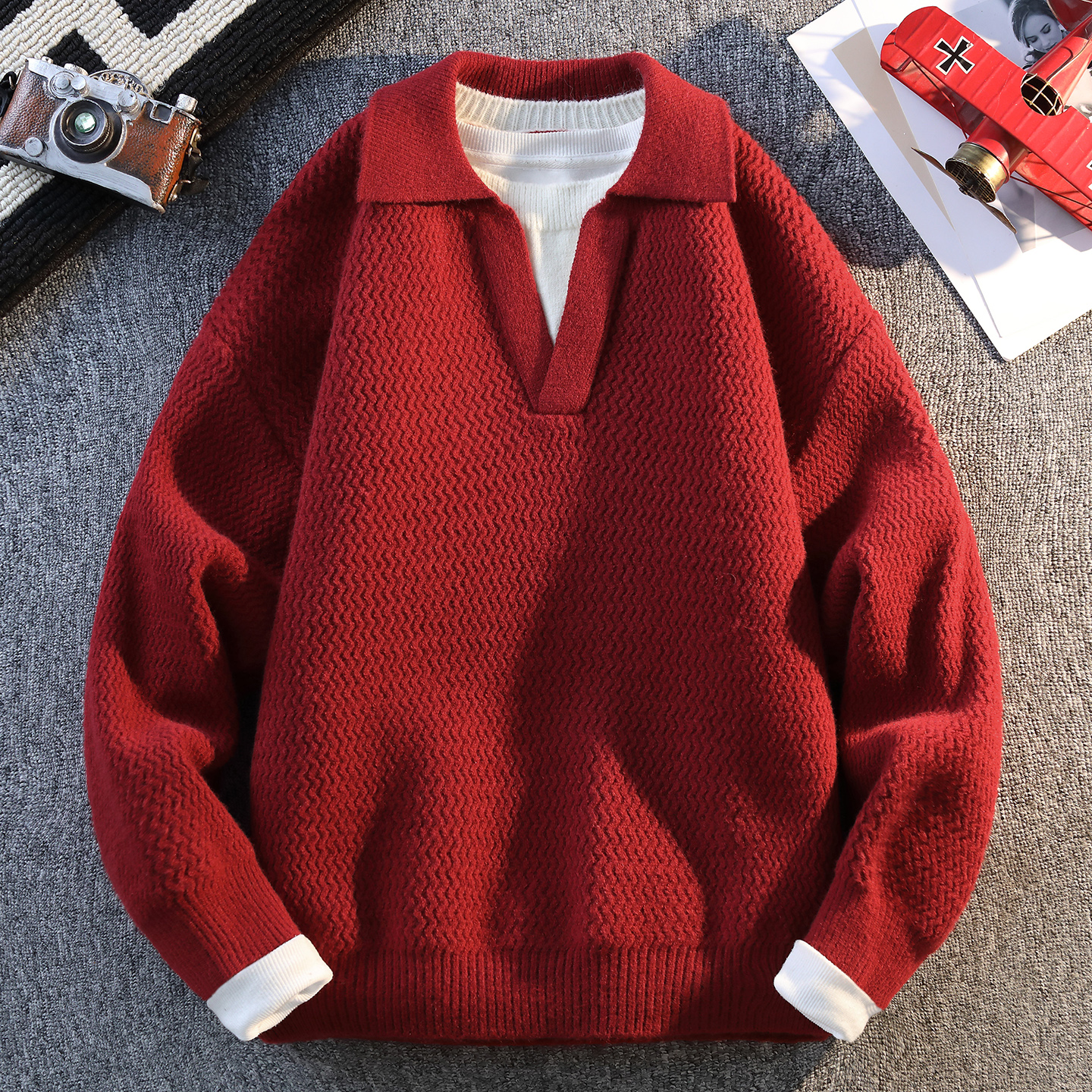 本命年红色美式假两件毛衣男重磅海鸥领POLO衫高级感翻领针织外套