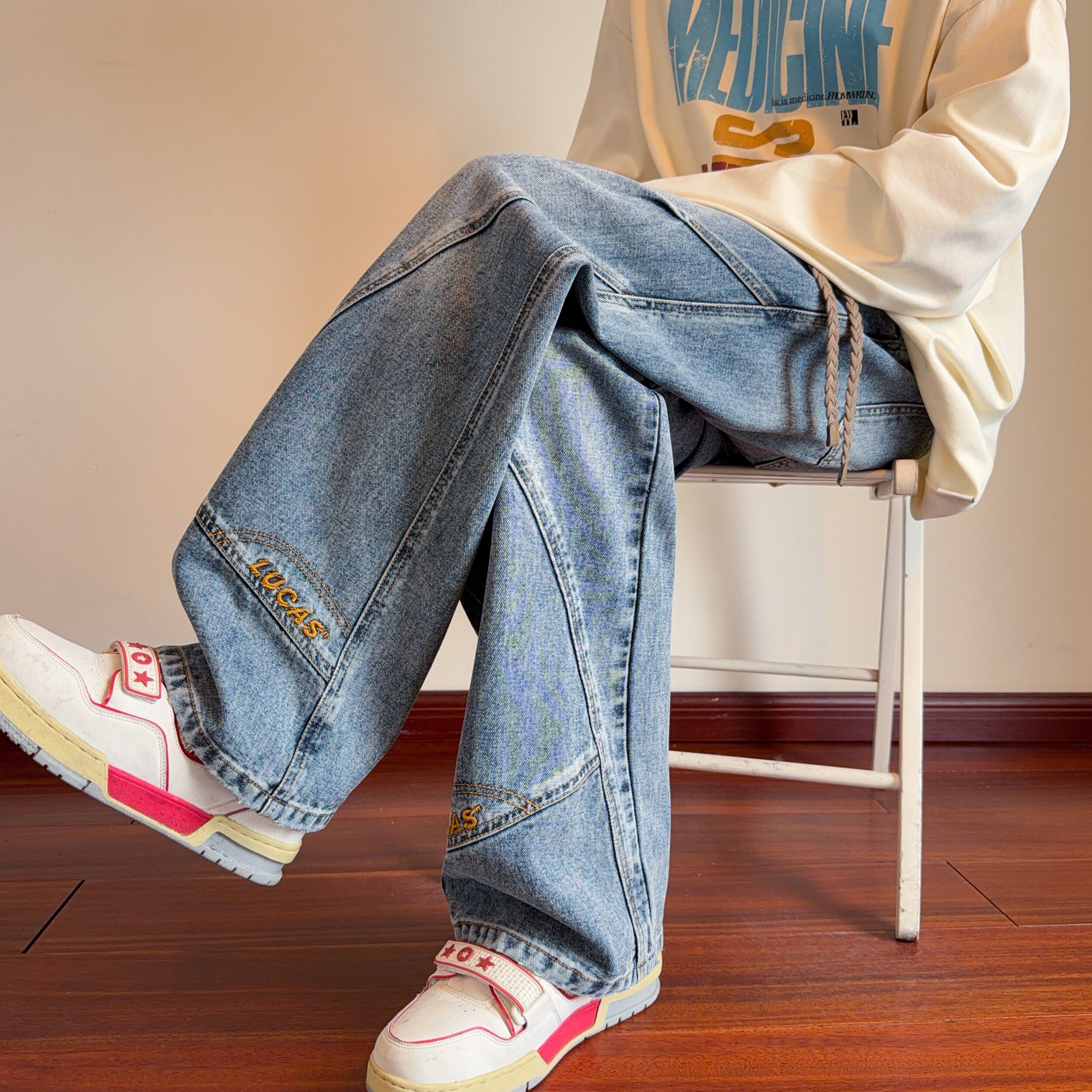 春秋季青少年牛仔裤子男初中高中学生阔腿直筒休闲裤大童男装长裤