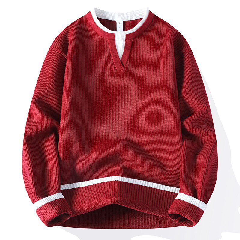红色假两件双层V领毛衣男冬款本命年蛇年针织衫青少年冬装上衣服