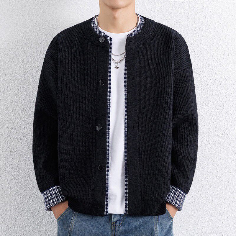 男士毛衣开衫外套秋冬季新款排扣假两件针织衫休闲文艺潮流外衣