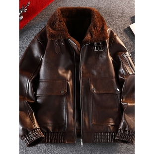 美式复古毛领皮衣男装加绒加厚皮毛一体保暖机车夹克过冬季的外套