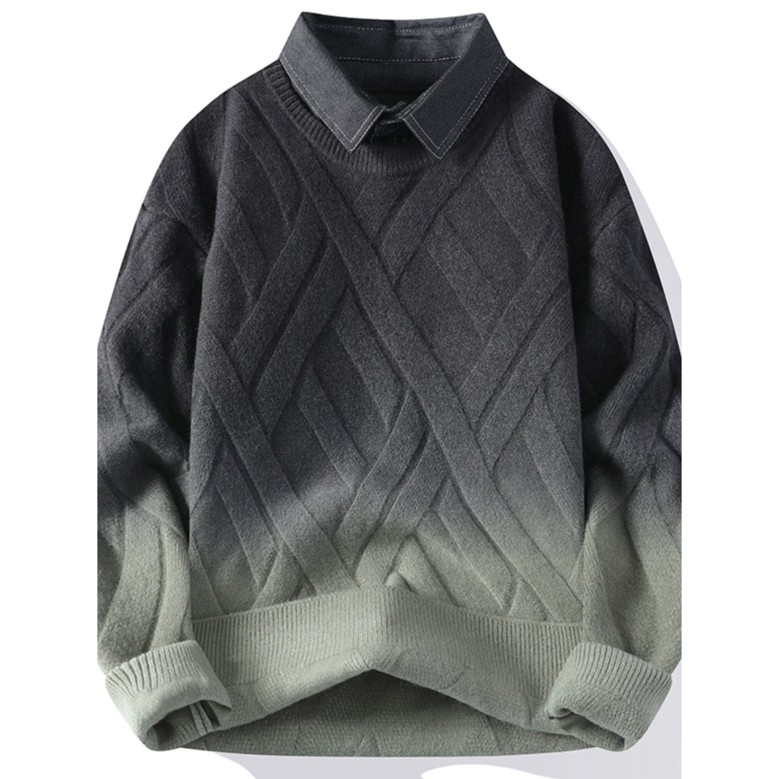 假两件毛衣男秋冬季2025新款衬衫领渐变色男士加绒加厚打底针织衫,运动服/休闲服装,跑步套装,淘宝优惠券,粉丝福利购,淘宝优惠卷