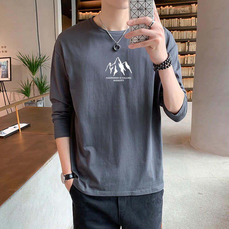 长袖t恤男春秋季休闲百搭上衣宽松大码重磅纯棉打底衫夏薄款卫衣