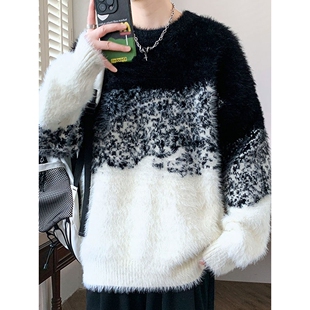 仿水貂绒毛衣男秋冬款圆领毛线衣服保暖冬装拼色青少年针织打底衫