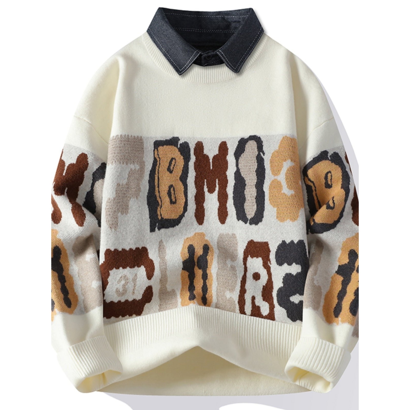 假两件毛衣男款秋冬季卡通字母加绒衬衫领针织打底衫学生加厚线衣,运动服/休闲服装,跑步套装,淘宝优惠券,粉丝福利购,淘宝优惠卷