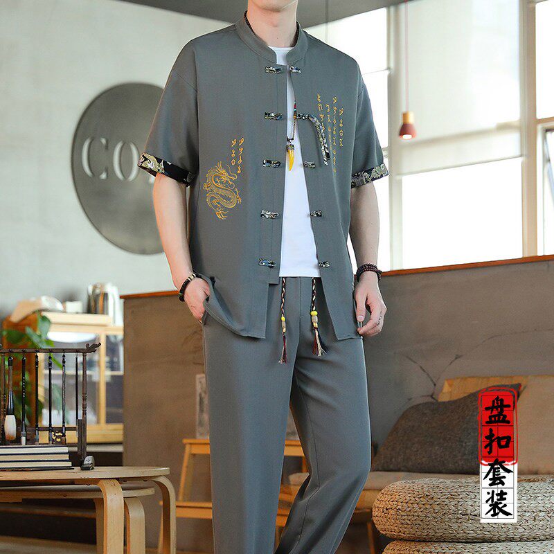 冰丝短袖T恤套装男夏季2026新款韩版潮流唐装汉服中国风男装一套