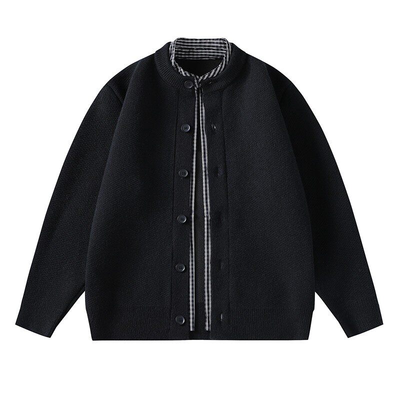 假两件开衫针织衫男宽松立领格子衬衫拼接毛衣外套纽扣款夹克卫衣