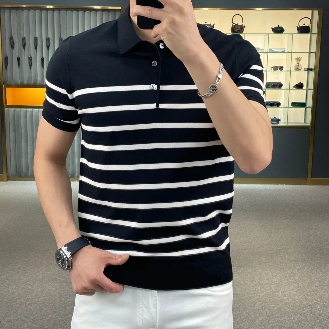 POLO衫男夏季新款轻奢高级条纹翻领短袖T恤潮流帅气高端半袖体恤