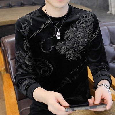 2025春冬季新款男士加绒加厚金丝绒长袖T恤衫加肥加大码宽松卫衣