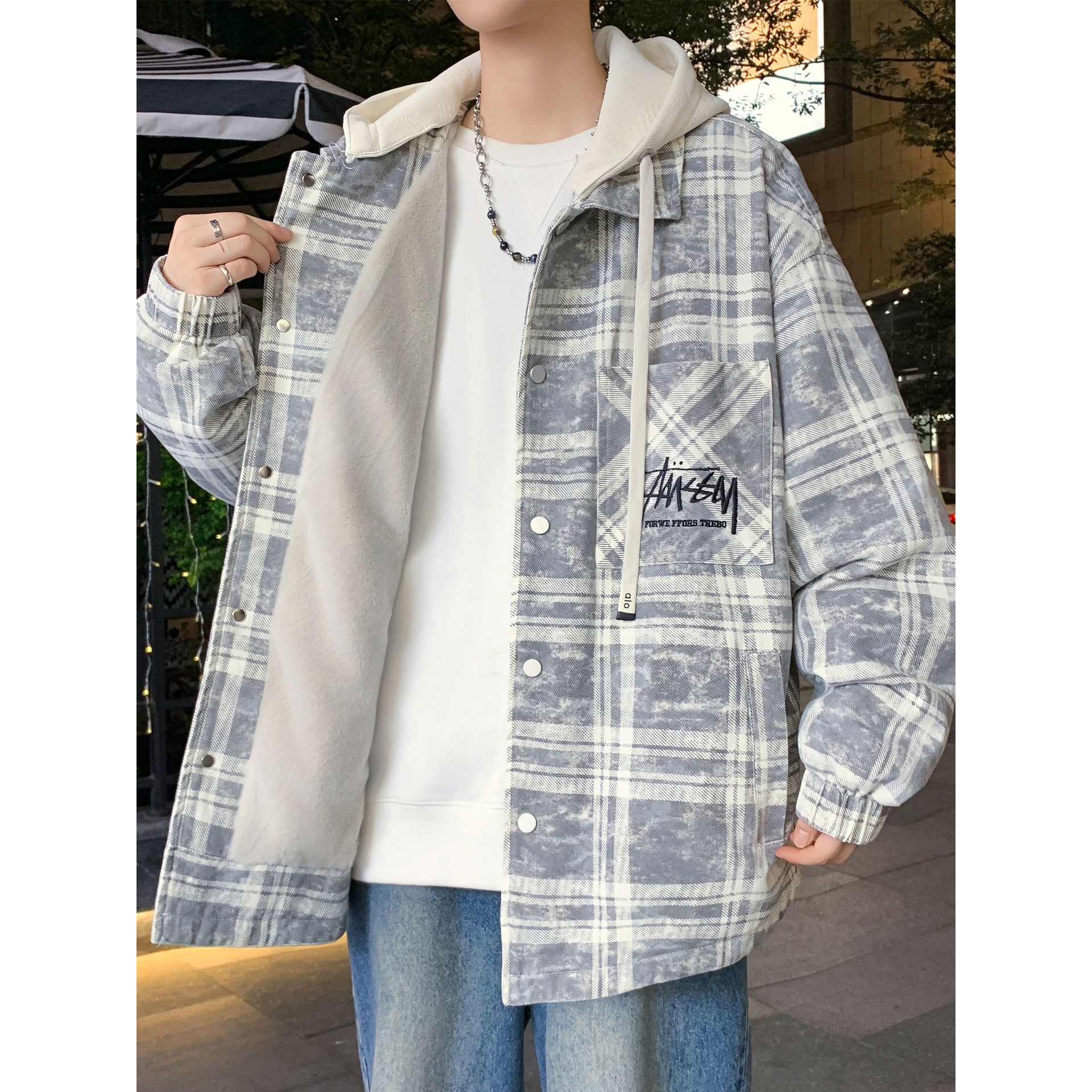 设计感格子外套男秋冬季新款加绒加厚帅气夹克男生青少年保暖棉衣