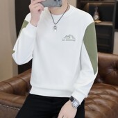 t恤内搭打底衫 新款 圆领长袖 秋季 上衣印花加绒秋衣服 拼接卫衣男士