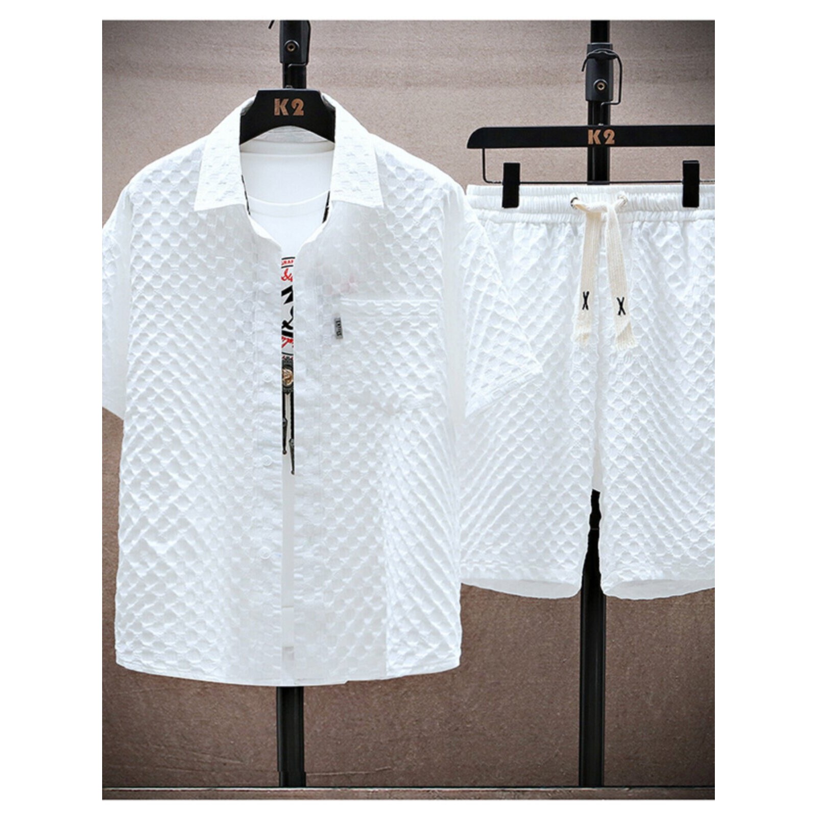 夏季冰丝套装男痞帅潮流短袖衬衫短裤一套格子薄款运动休闲两件套