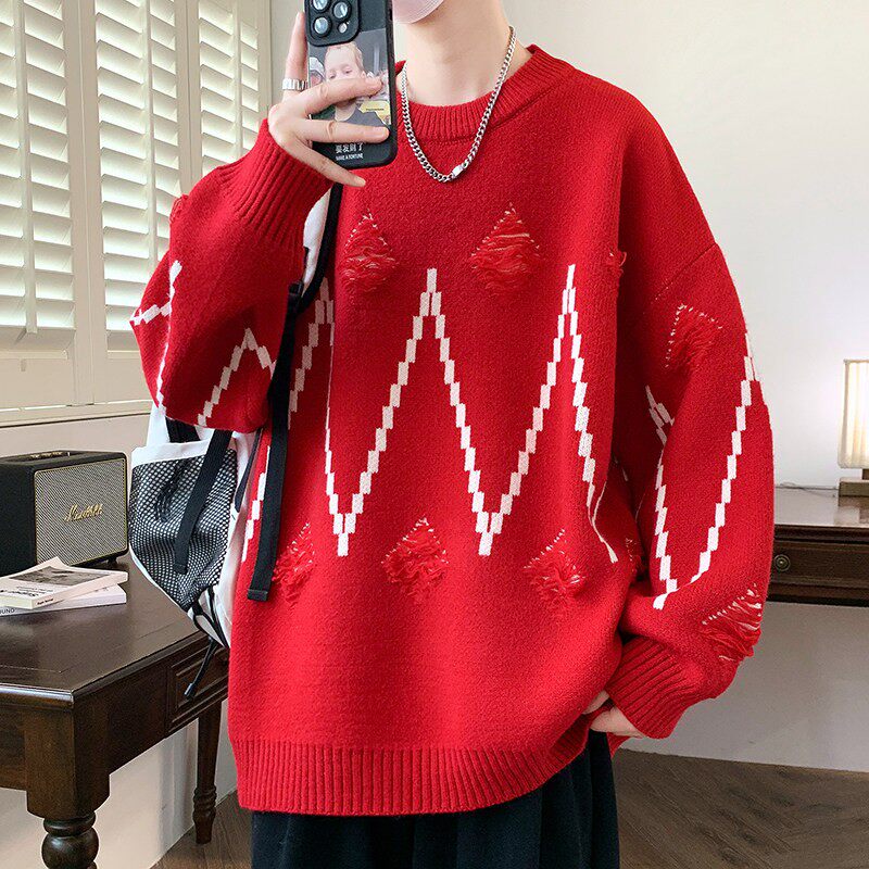 红色毛衣男生秋冬款青少年本命年蛇年2025针织线衣宽松破洞打底衫