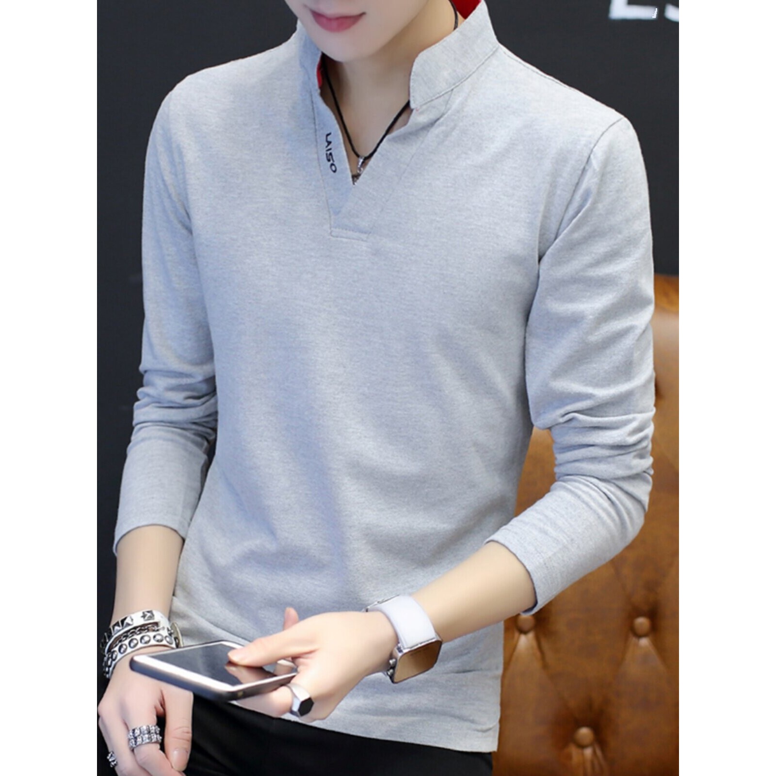 男士v领长袖t恤男春秋季新款高端纯棉立领POLO衫休闲百搭男装衣服