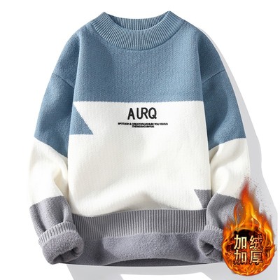 冬季半高领毛衣男孩青少年一体加绒加厚初中学生高中生保暖毛绒衫