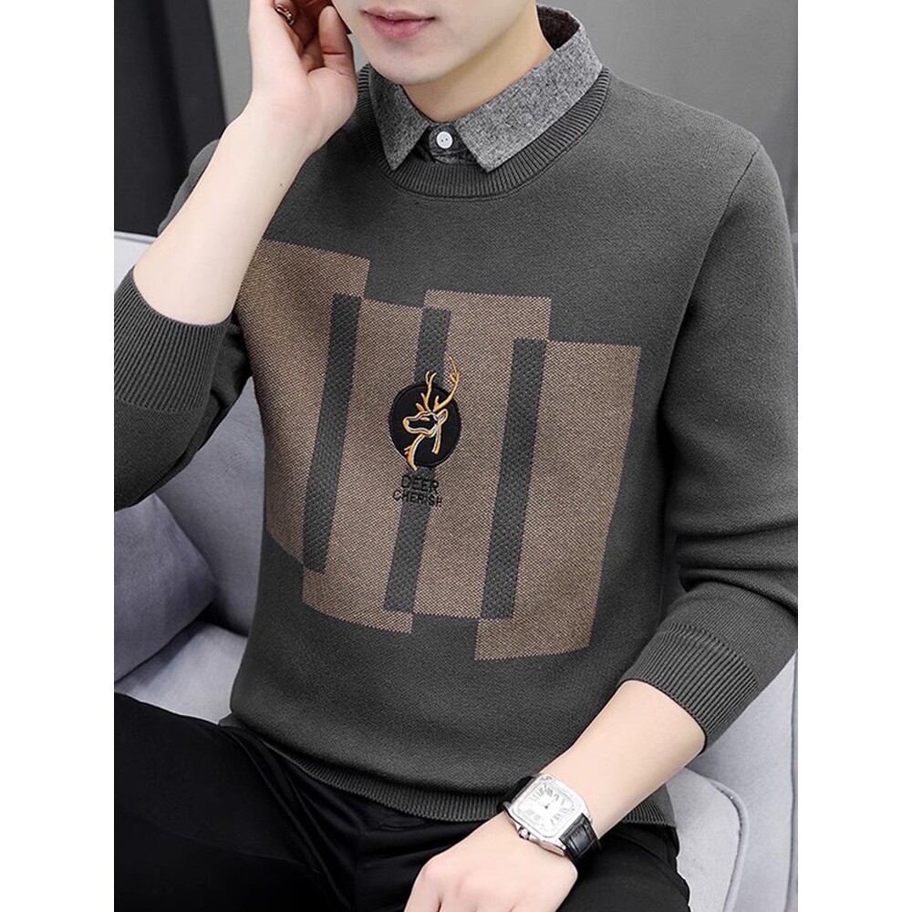 假两件长袖t恤男士春秋季新款潮牌衬衫领打底衫秋冬加绒内搭上衣