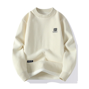 重磅刺绣卫衣男款冬天圆领针织打底衫潮牌秋冬加绒加厚保暖上衣服