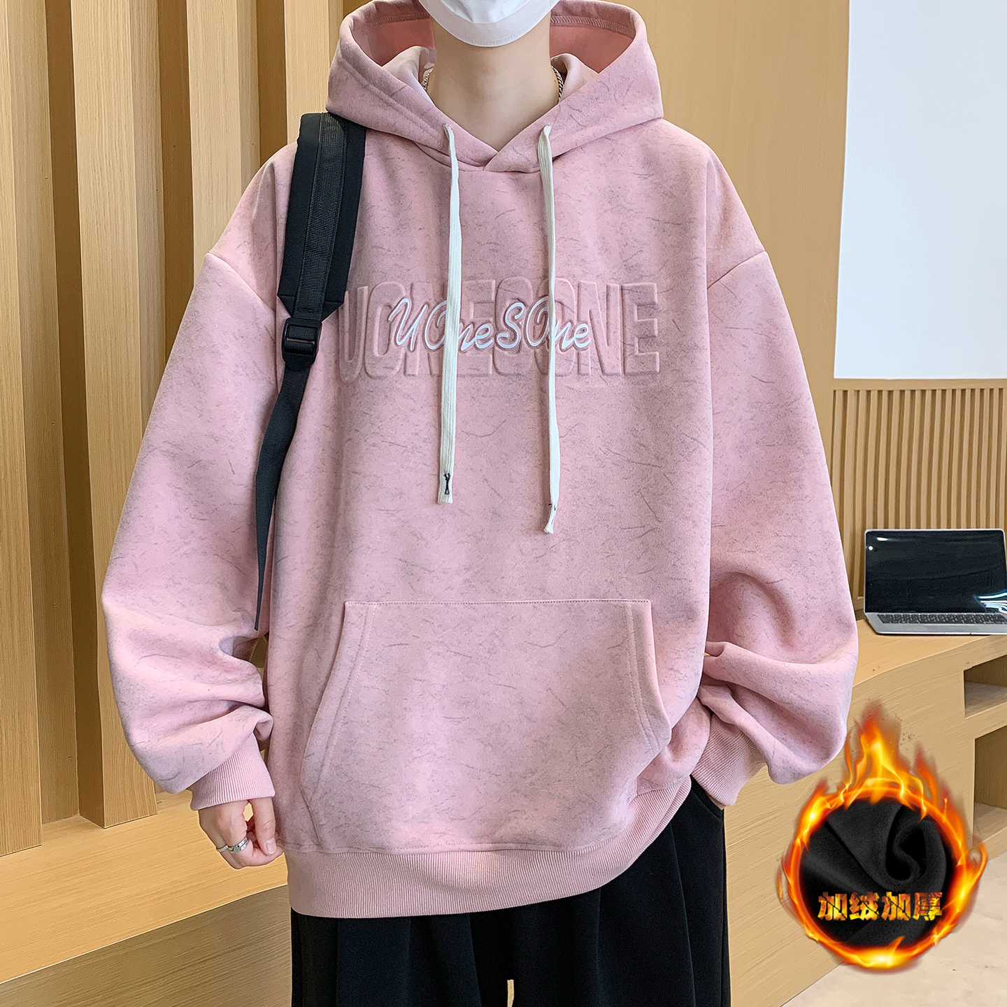 秋冬季青少年加绒加厚卫衣男大童学生连帽冬装保暖长袖打底衫上衣