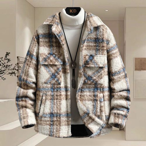 加绒夹克男格子杏色毛圈绒加厚衬衫青少年学生秋冬装提花加棉外套