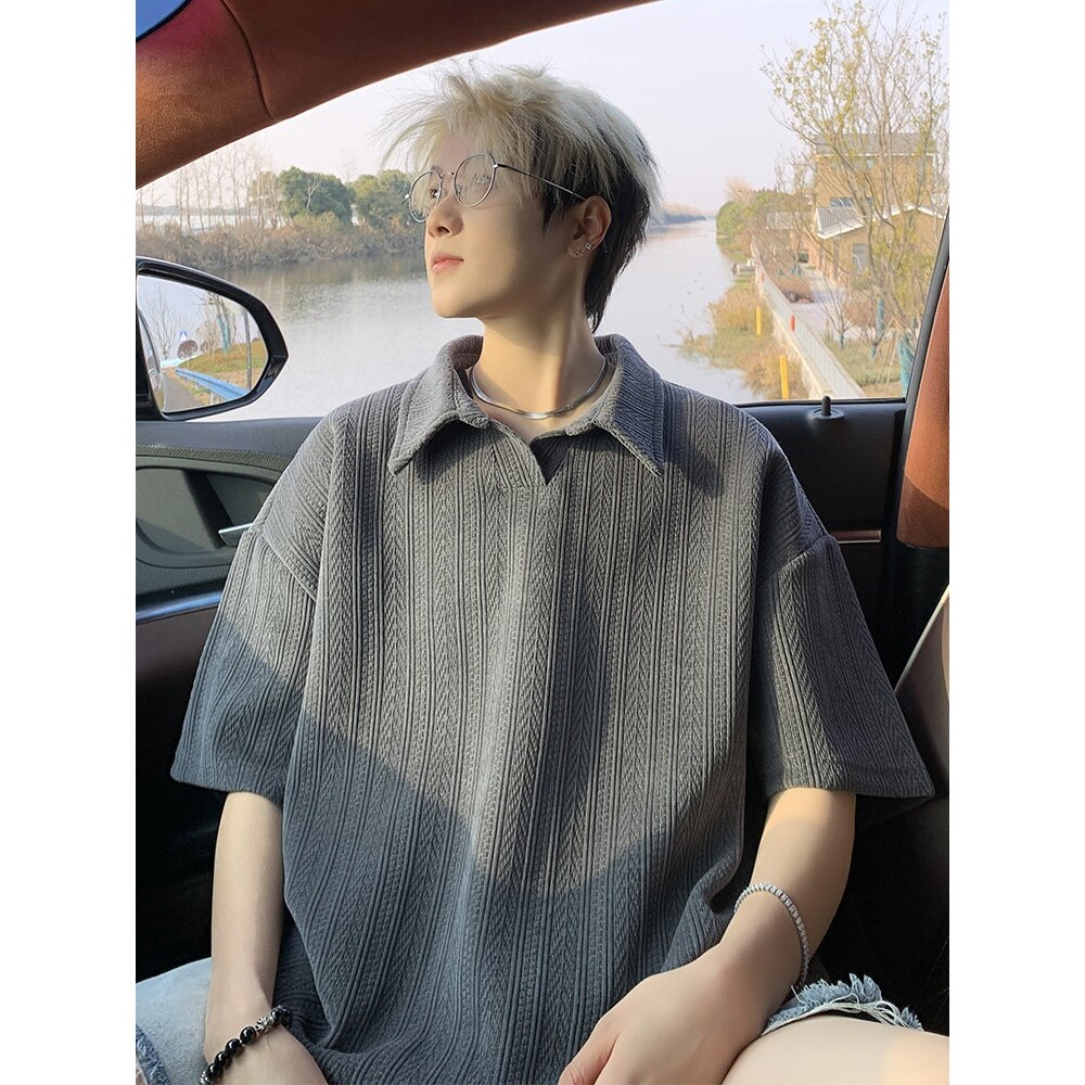 翻领短袖t恤男夏季2026新款半袖polo衫男宽松高级感灰色港风体恤T