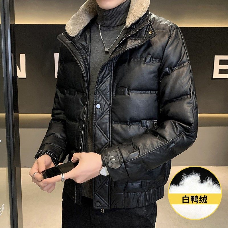 2025冬季新款皮衣羽绒服男短款修身羊羔毛领夹克加厚保暖外套潮流
