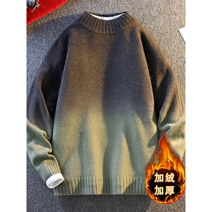 一体绒半高领毛衣男款冬季加绒加厚2025新款青少年保暖打底针织衫