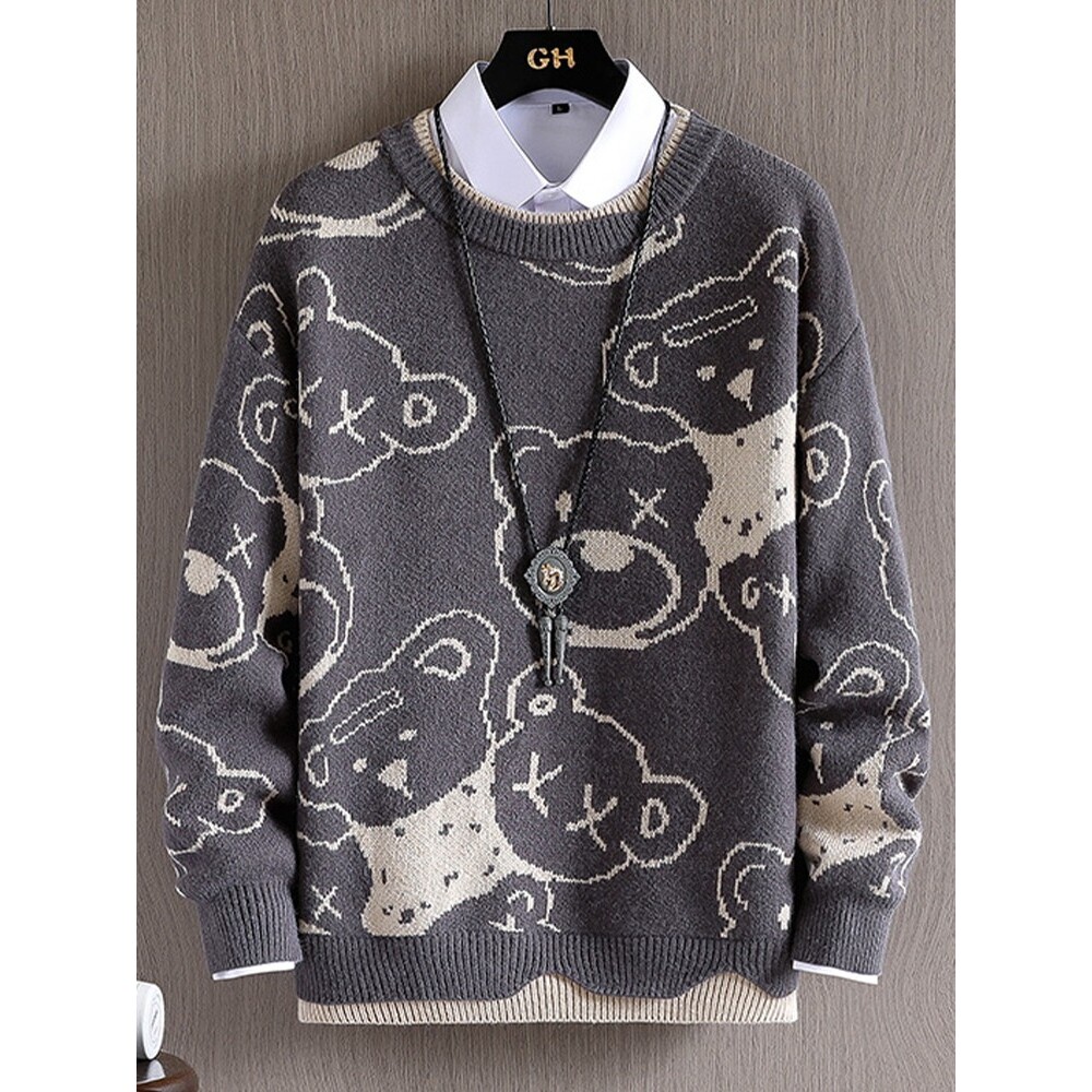 假两件毛衣男圆领潮流卡通设计感针织衫男士线衣秋冬季加厚款外套