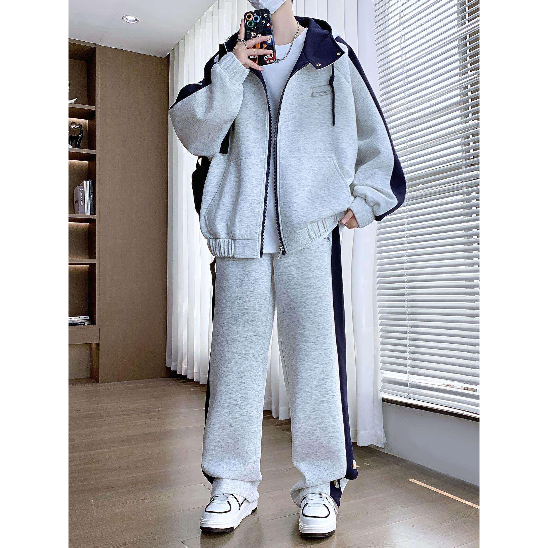 休闲运动套装男秋冬季夹克加棉加厚外套帅气学生大童卫衣连帽衫