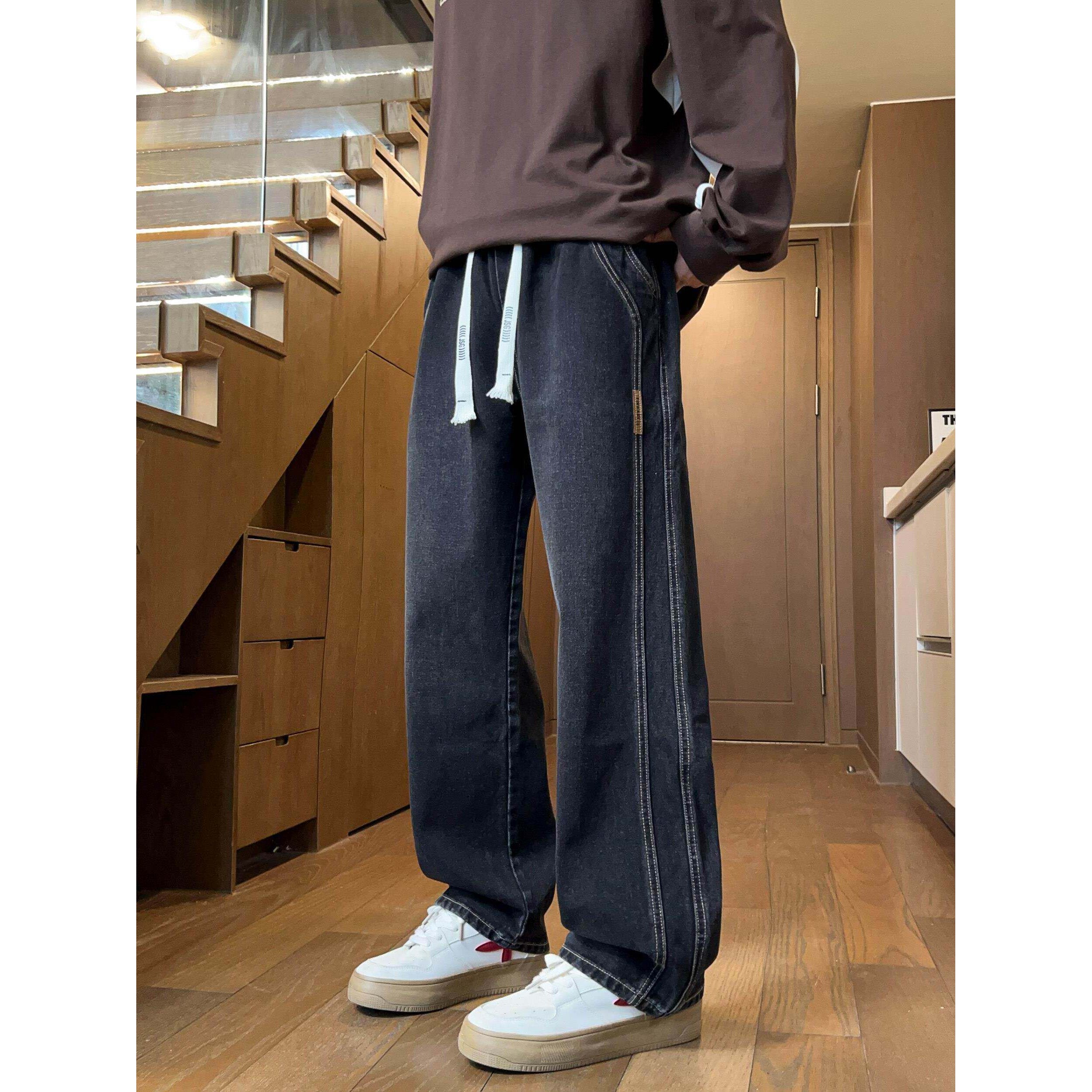 春秋款牛仔裤子男孩初中高中学生潮牌帅气青少年大童阔腿直筒长裤