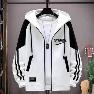 外套男青少年春秋新款连帽夹克初中高中学生薄款防风拼色开衫卫衣