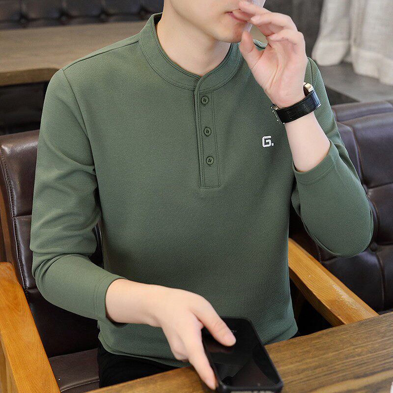 立领长袖t恤男士春秋季修身内搭打底衫潮牌亨利领卫衣薄款上衣服
