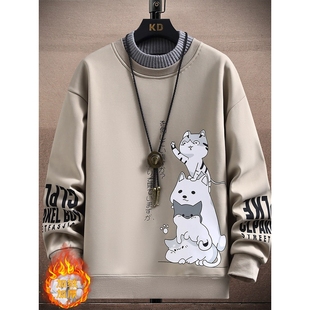 重磅休闲卫衣男秋冬季新款青少年学生潮圆领假两件加绒上衣打底衫