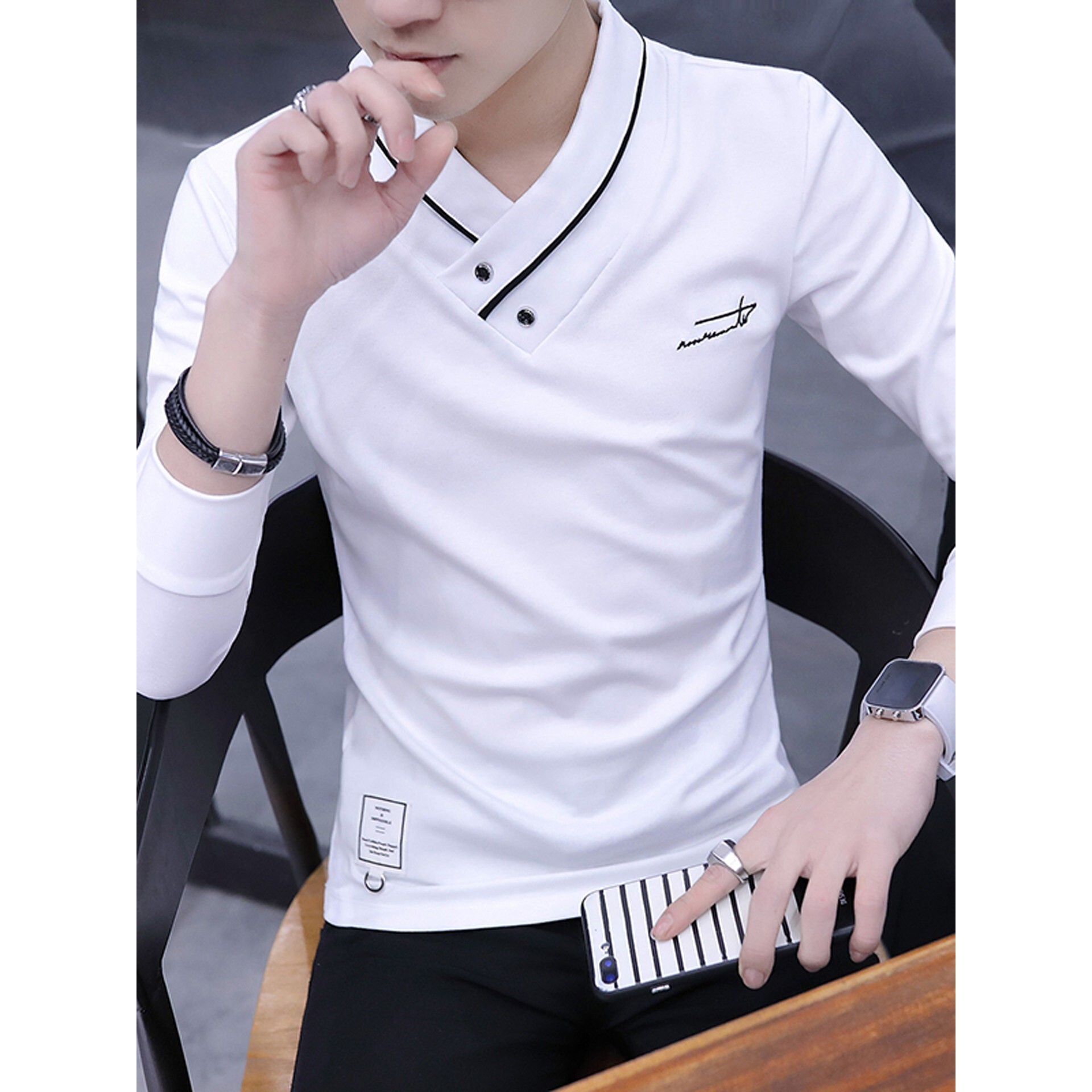 男士v领长袖t恤男春秋季2026新款刺绣白色打底衫上衣休闲纯棉卫衣